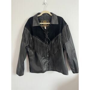 Barney’s Leather Jacket Women Large Black Fringe Western Lace Up USA Made Suede